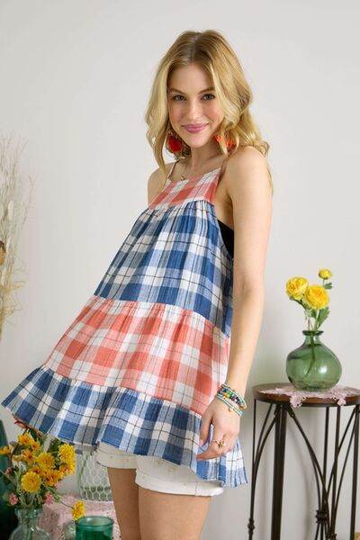 ADORA Plaid Tiered Babydoll Cami - Hovatok