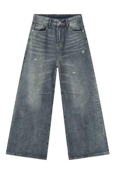 Distressed Wide Leg Men's Jeans with Pockets - Hovatok