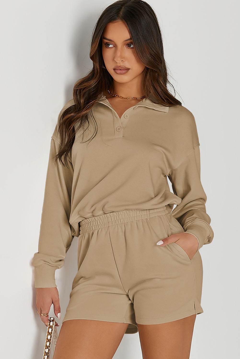 Half Button Sweatshirt and Shorts Active Set - Hovatok