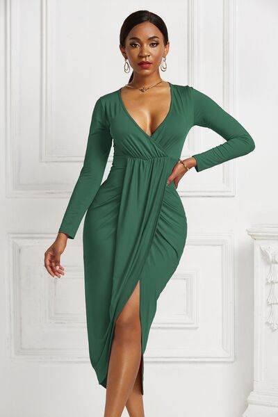 High-low Ruched Surplice Long Sleeve Dress - Hovatok