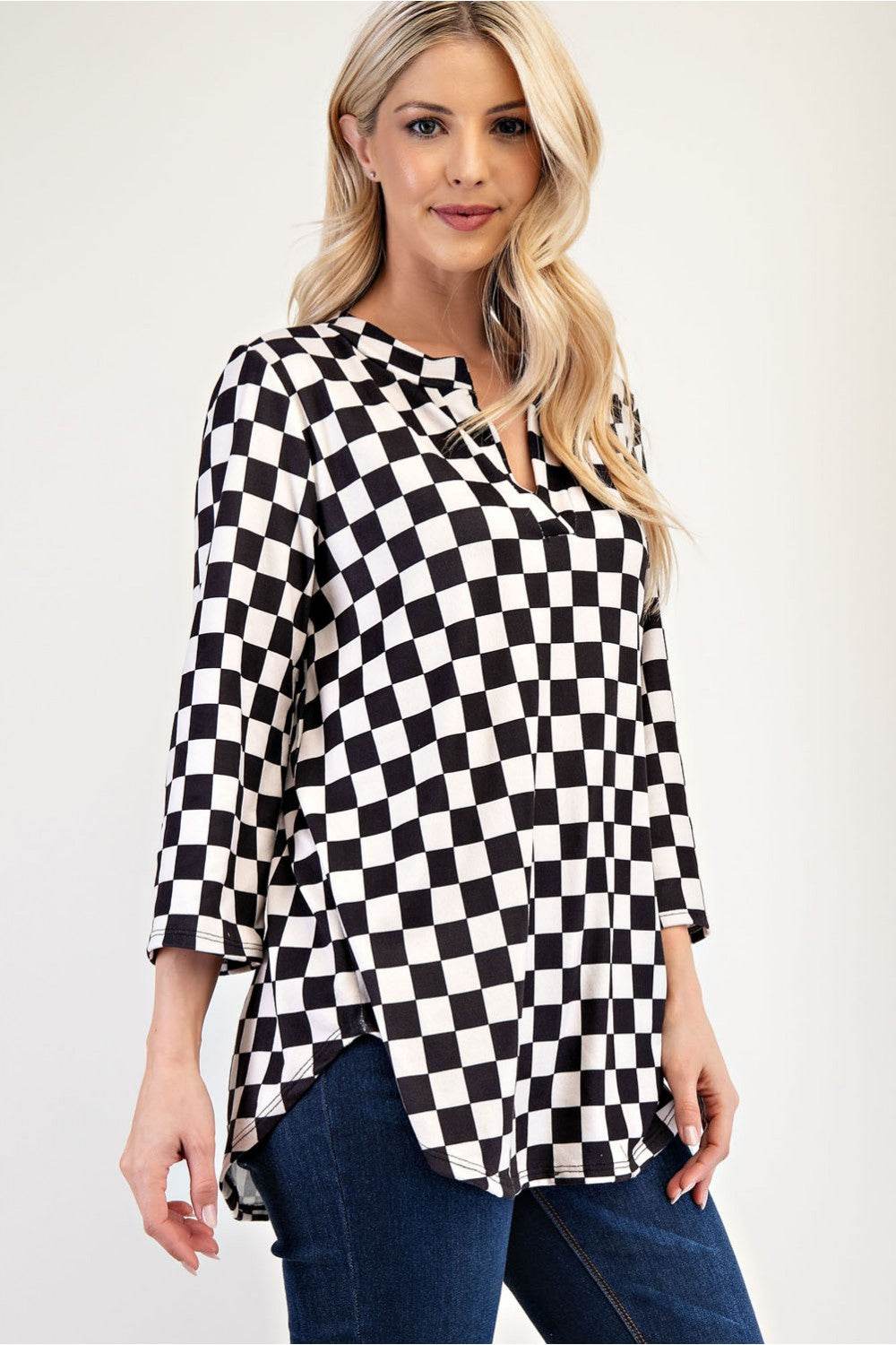 Celeste Full Size Curved Hem Checkered Notched Blouse - Hovatok