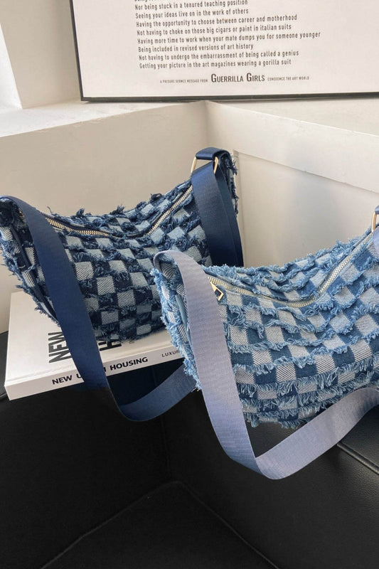 Raw Hem Checkered Denim Crossbody Bag - Hovatok