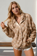 Double Take Checkered Long Sleeve Fuzzy Jacket - Hovatok