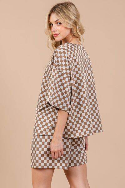 Ces Femme Checkered Round Neck Top and Shorts Set - Hovatok