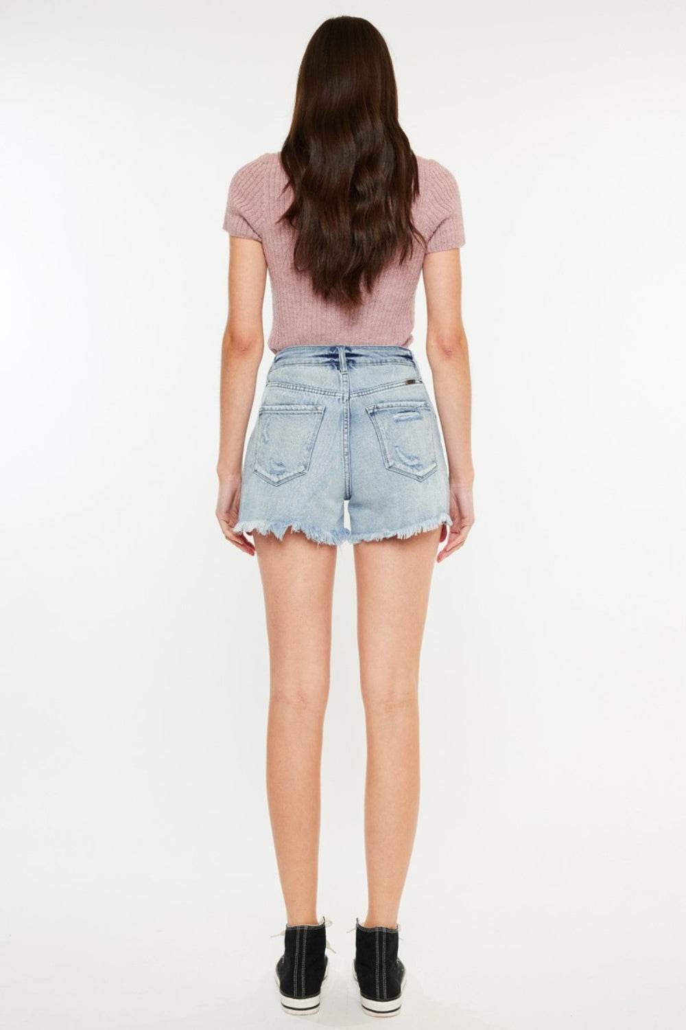 Kancan Distressed High Waist Denim Shorts with Pockets - Hovatok