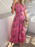 Devine Printed Notched Short Sleeve Wide Leg Jumpsuit - Hovatok