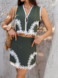 Devine Contrast Lace Vest and Skirt Set - Hovatok