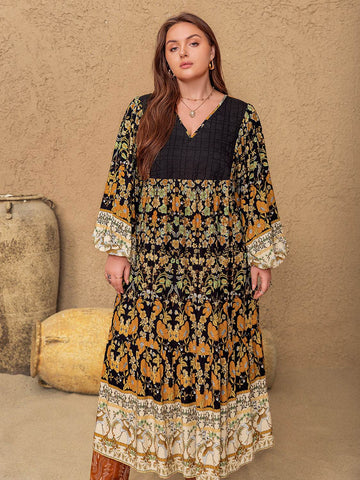 Plus Size Floral V-Neck Balloon Sleeve Midi Dress - Hovatok