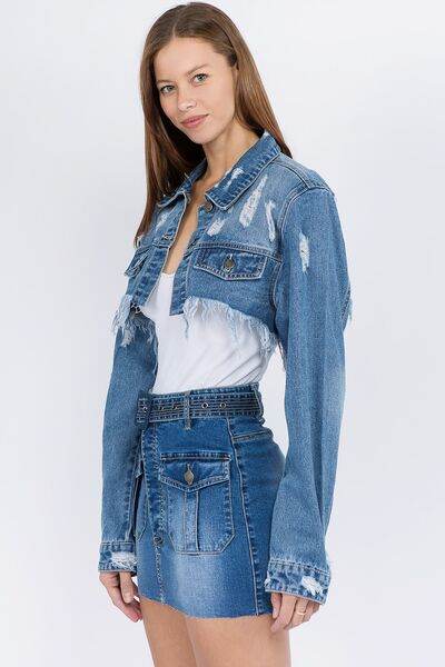American Bazi Distressed Denim Jacket with Frayed Hem - Hovatok