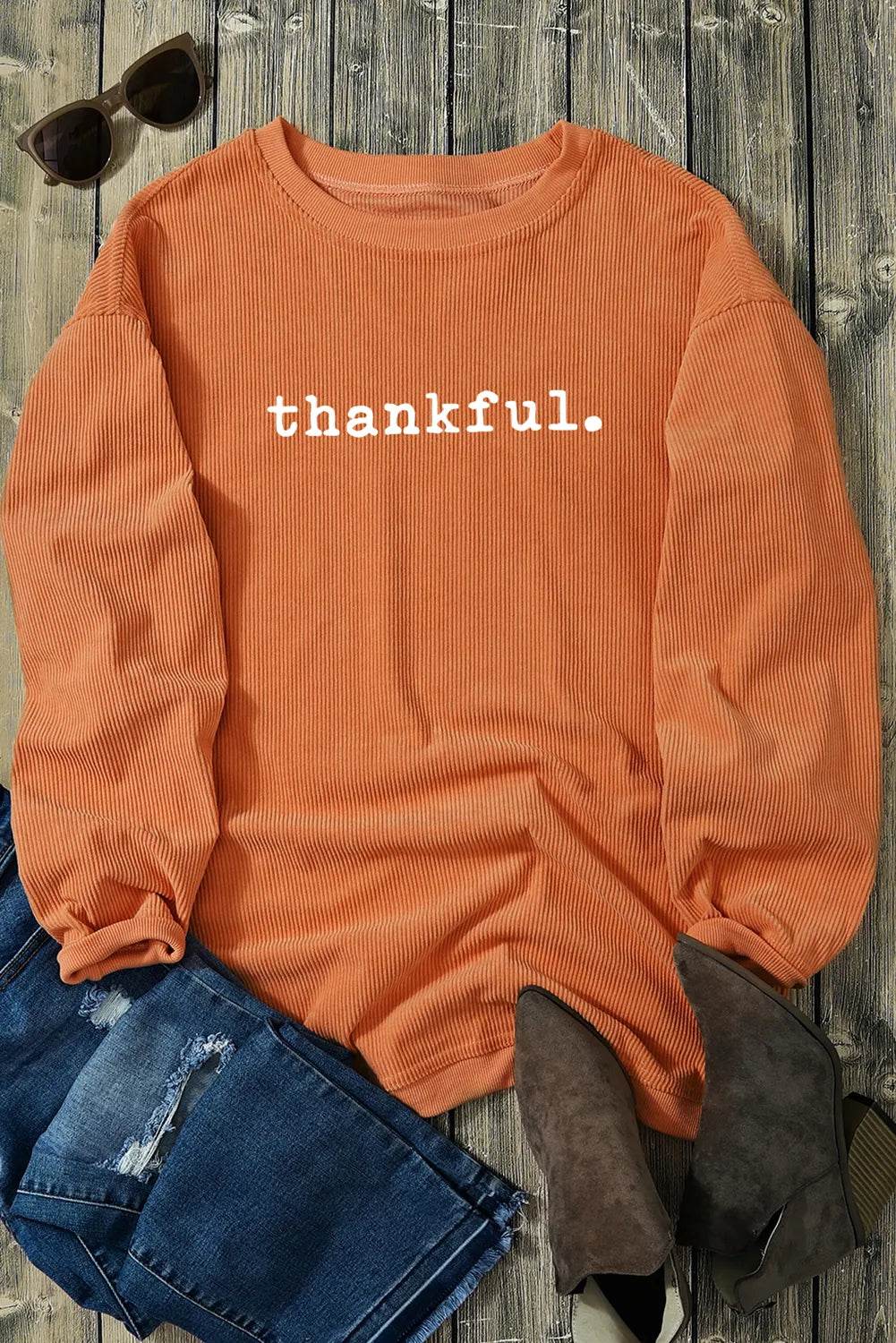 THANKFUL Round Neck Long Sleeve Sweatshirt - Hovatok