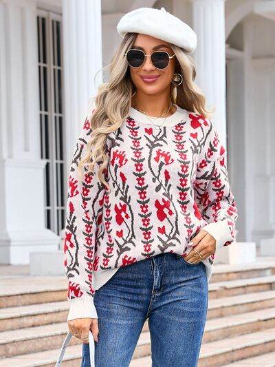 Angel Wings Flower Round Neck Long Sleeve Sweater - Hovatok