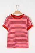 Contrast Striped Round Neck Short Sleeve T-Shirt - Hovatok