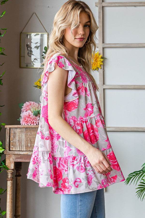 Heimish Full Size Butterfly Sleeve Round Neck Floral Tiered Top Plus Size - Hovatok