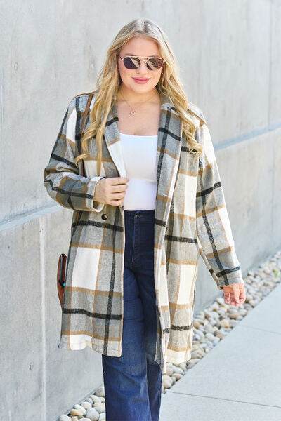 Double Take Full Size Plaid Button Up Lapel Collar Coat - Hovatok