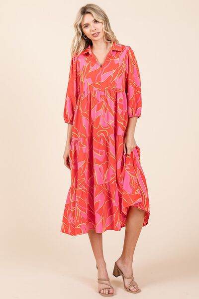 Mittoshop Tiered Printed Collared Neck Midi Dress - Hovatok