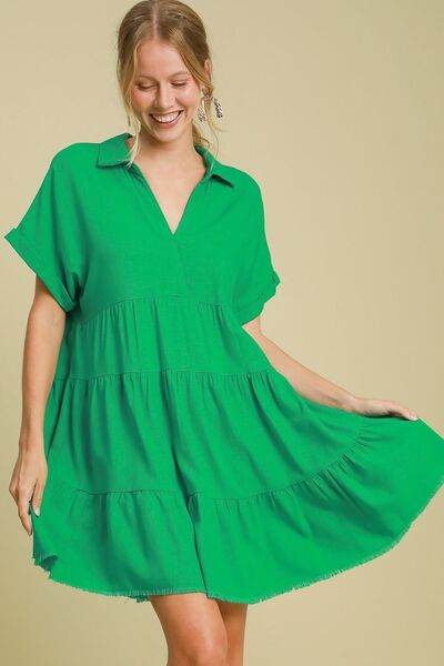 Umgee Full Size Raw Hem Folded Sleeve Tiered Dress Plus Size - Hovatok