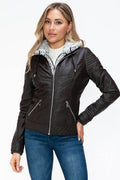 YMI Faux Layered Double-Zipper Jacket with Fuzzy Hood - Hovatok