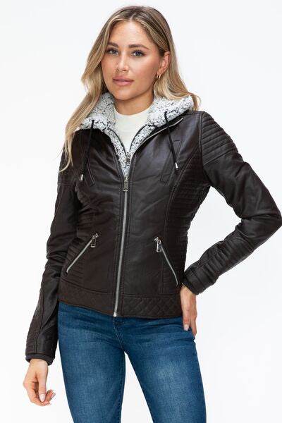 YMI Faux Layered Double-Zipper Jacket with Fuzzy Hood - Hovatok