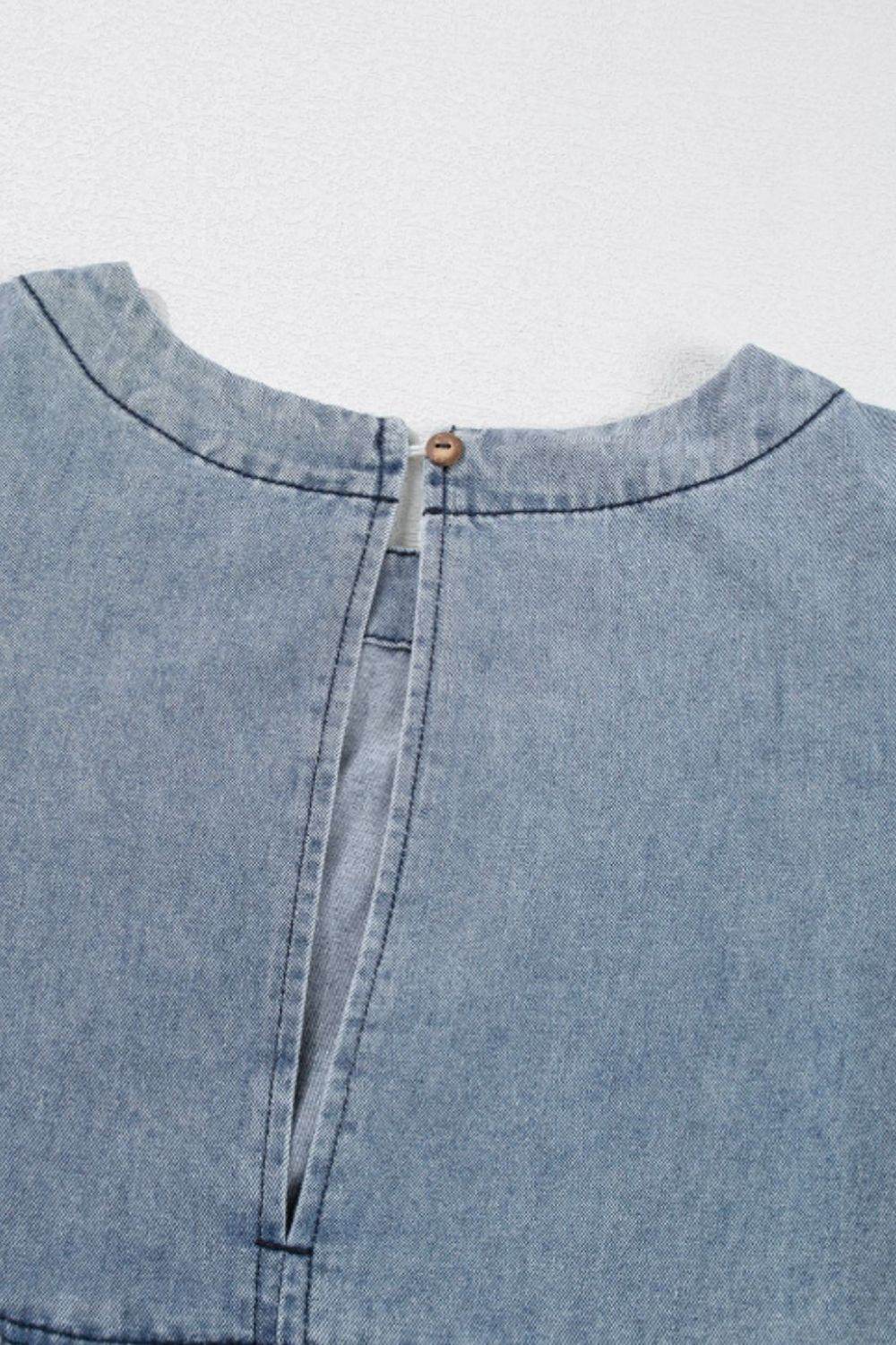 Cutout Round Neck Balloon Sleeve Denim Dress - Hovatok