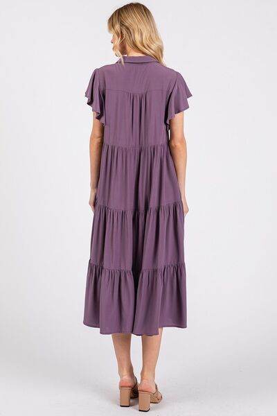 Mittoshop Ruffle Sleeve Collared V Neck Tiered Midi Dress - Hovatok