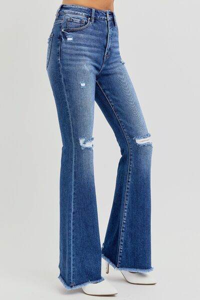 RISEN Full Size High Rise Distressed Raw Hem Flare Jeans - Hovatok