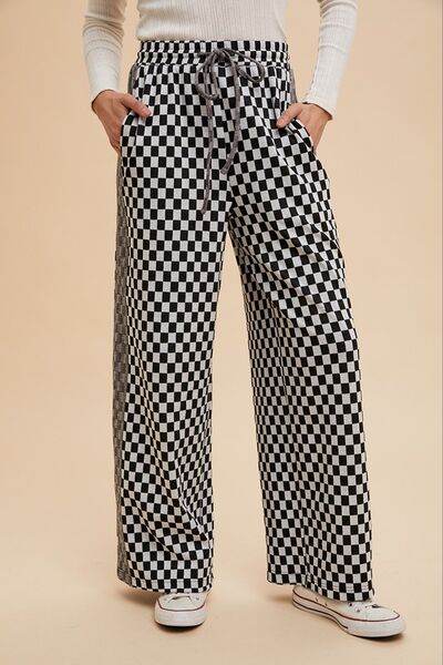 Annie Wear Drawstring Checkered Wide Leg Pants - Hovatok