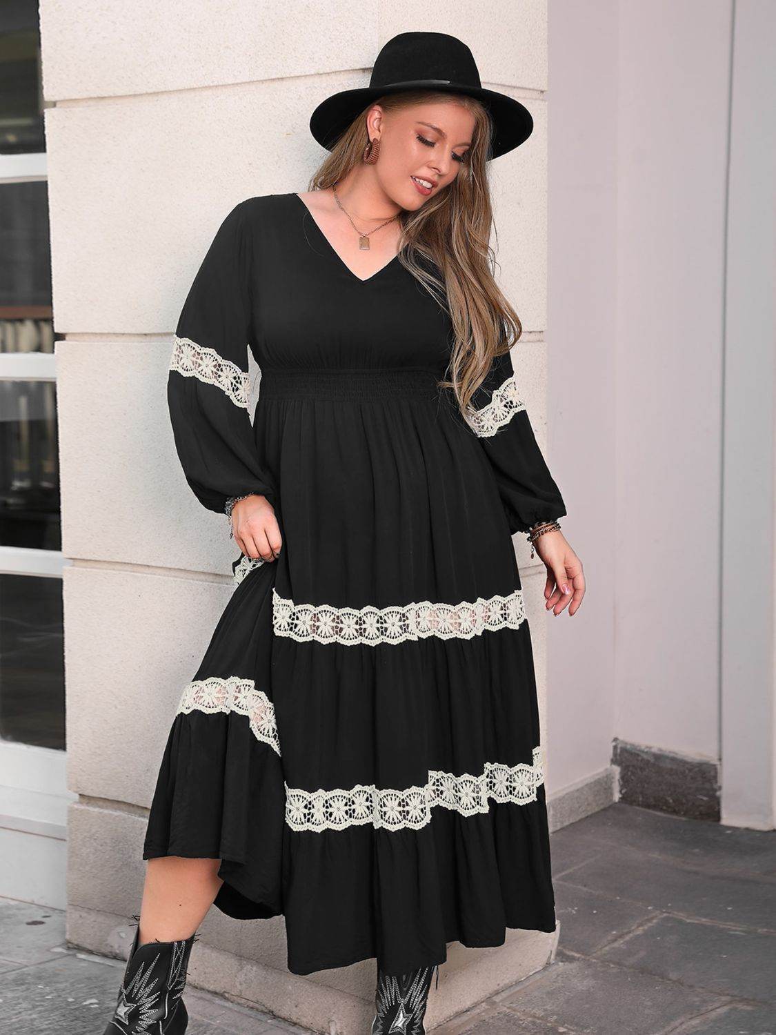 Plus Size Lace Detail V-Neck Long Sleeve Midi Dress - Hovatok