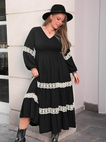 Plus Size Lace Detail V-Neck Long Sleeve Midi Dress - Hovatok