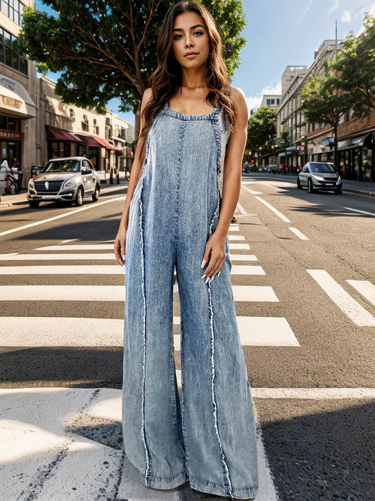 Adjustable Strap Wide Leg Denim Overalls - Hovatok