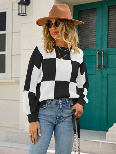 Angel Wings Checkered Round Neck Dropped Shoulder Sweater - Hovatok