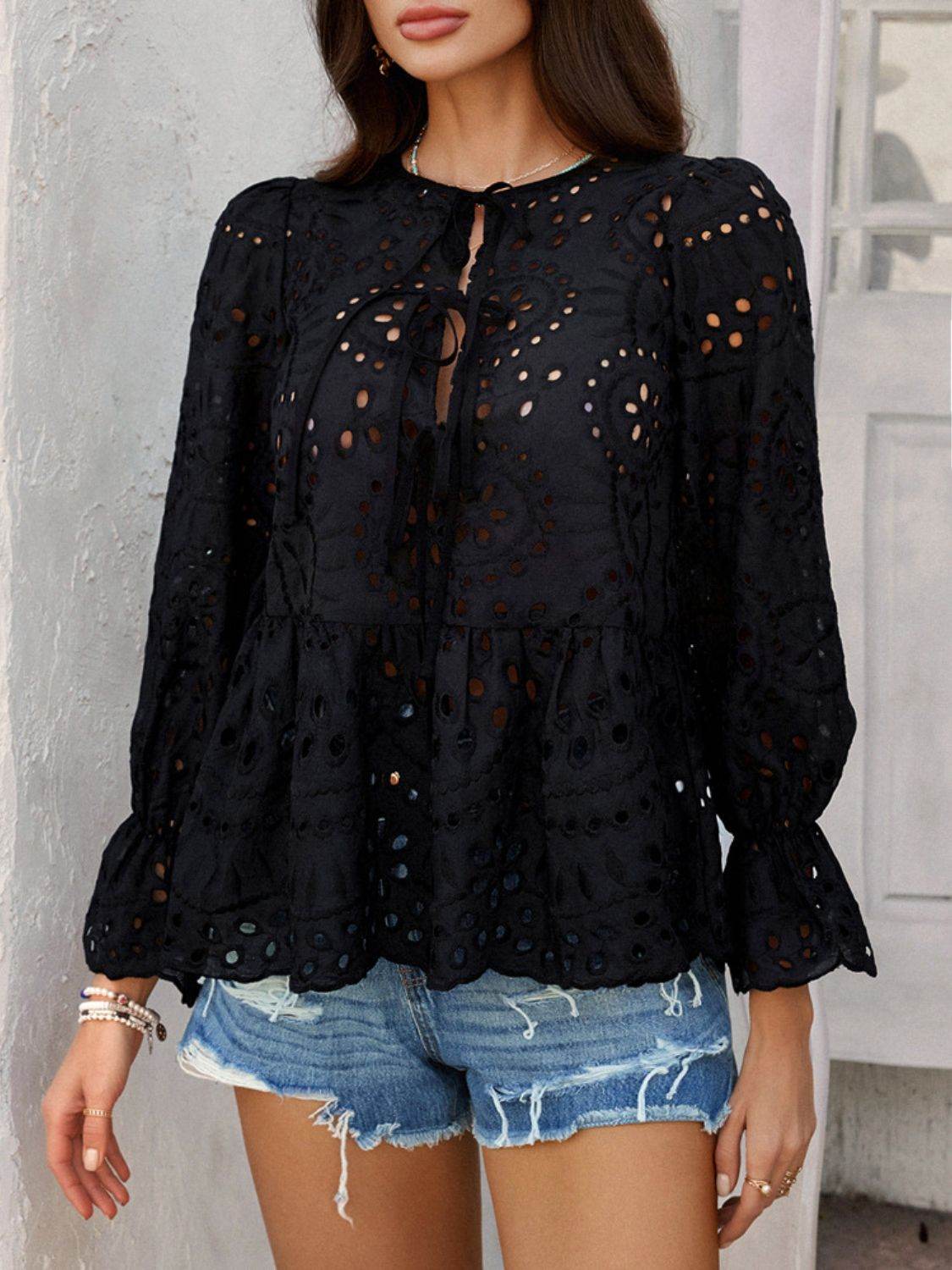 Devine Tie Front Flounce Sleeve Peplum Blouse - Hovatok
