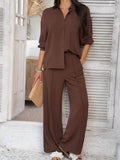 Devine Collared Neck Long Sleeve Top and Pants Set - Hovatok