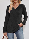 V-Neck Ribbed Long Sleeve Top - Hovatok