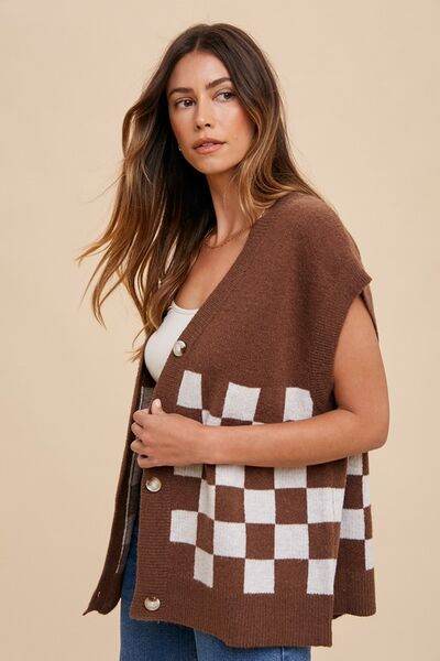 Annie Wear Checkered Button Down Short Sleeve Cardigan - Hovatok
