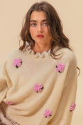 BiBi Ruffled Crochet Flower Dropped Shoulder Sweater - Hovatok
