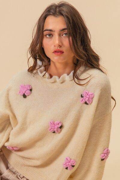 BiBi Ruffled Crochet Flower Dropped Shoulder Sweater - Hovatok