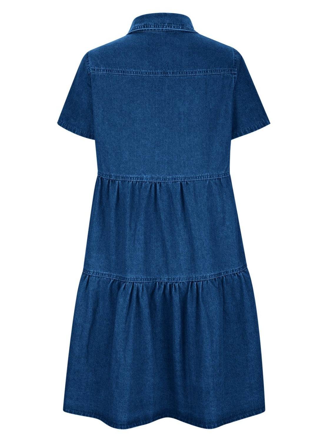 Pocketed Button Up Collared Neck Short Sleeve Denim Dress - Hovatok