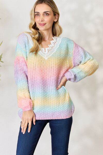 BiBi Rainbow Gradient Crochet Deetail Sweater - Hovatok