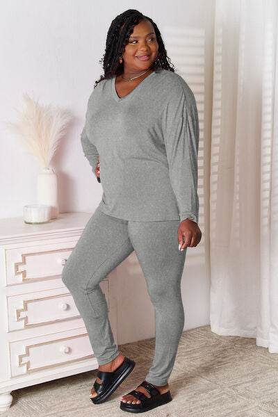 Basic Bae Bamboo Full Size V-Neck Long Sleeve Top and Pants Lounge Set - Hovatok
