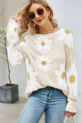Angel Wings Daisy Print Openwork Round Neck Sweater - Hovatok