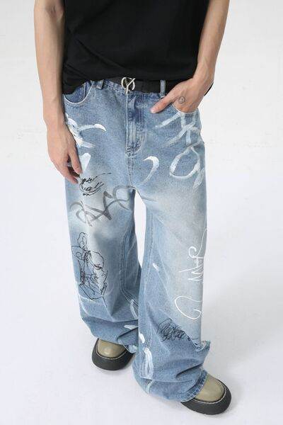 Mid Rise Graffiti Print Distressed Wide Leg Jeans - Hovatok