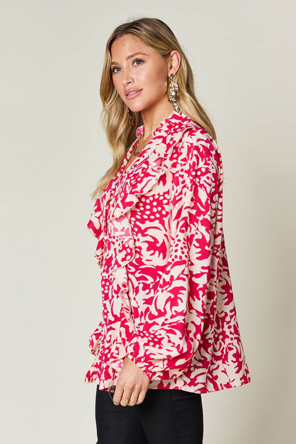 Double Take Full Size Printed Ruffle Trim Balloon Sleeve Shirt - Hovatok