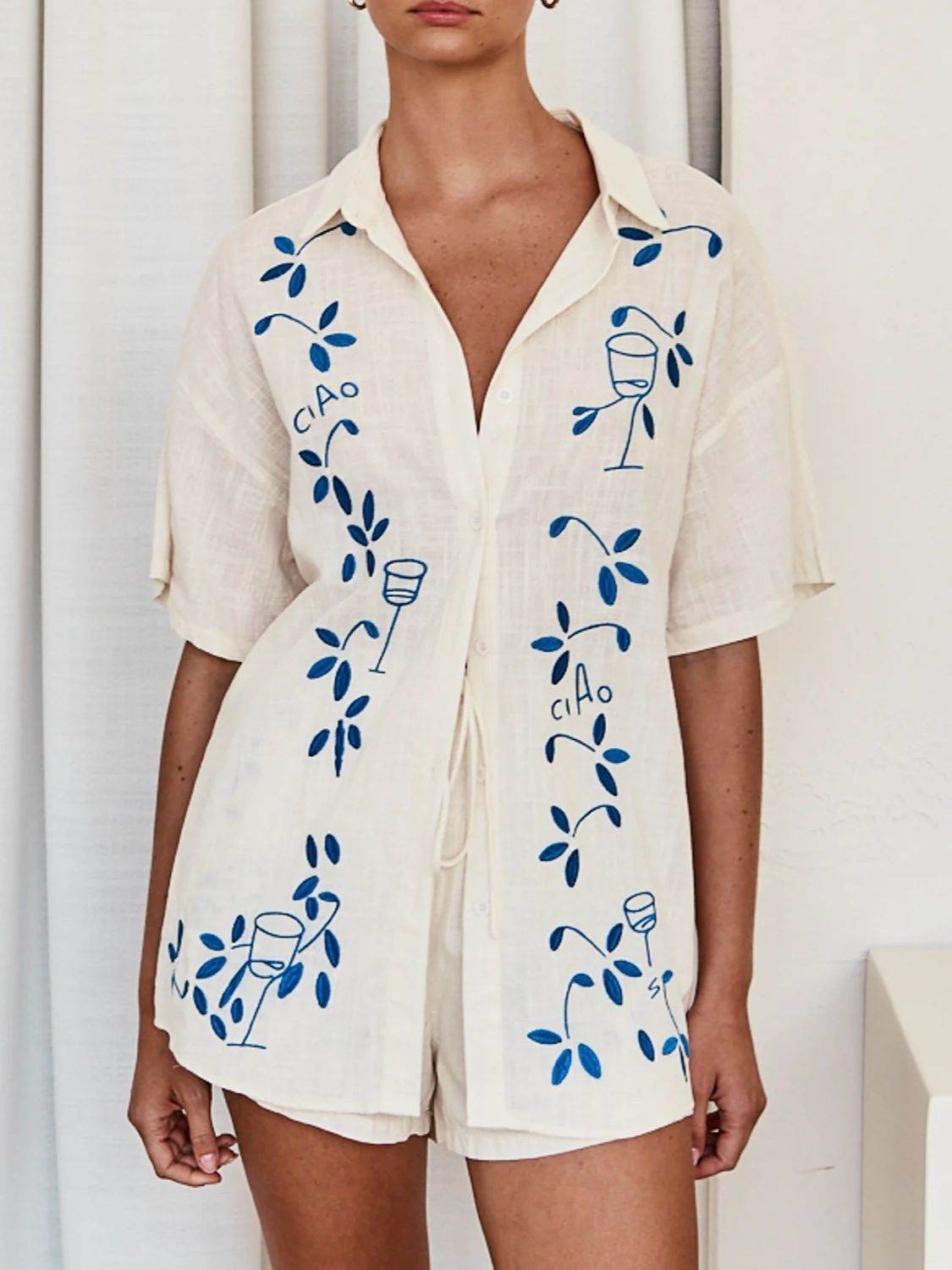 Embroidered Button Up Half Sleeve Top and Shorts Set - Hovatok