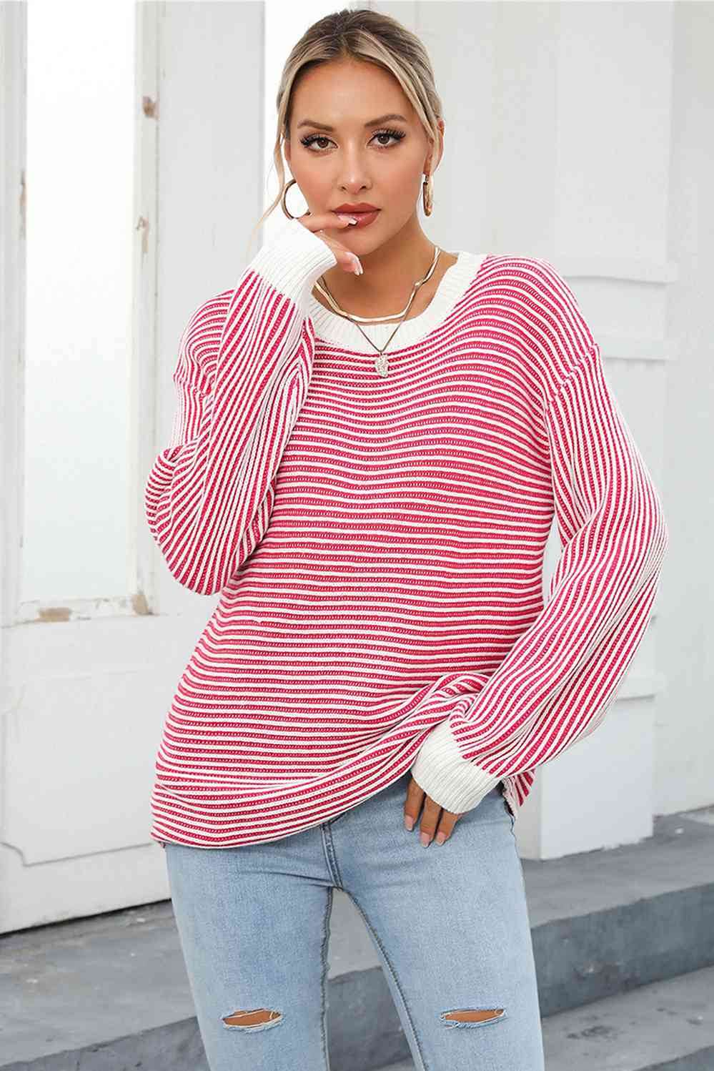 Angel Wings Striped Round Neck Long Sleeve Knit Top - Hovatok
