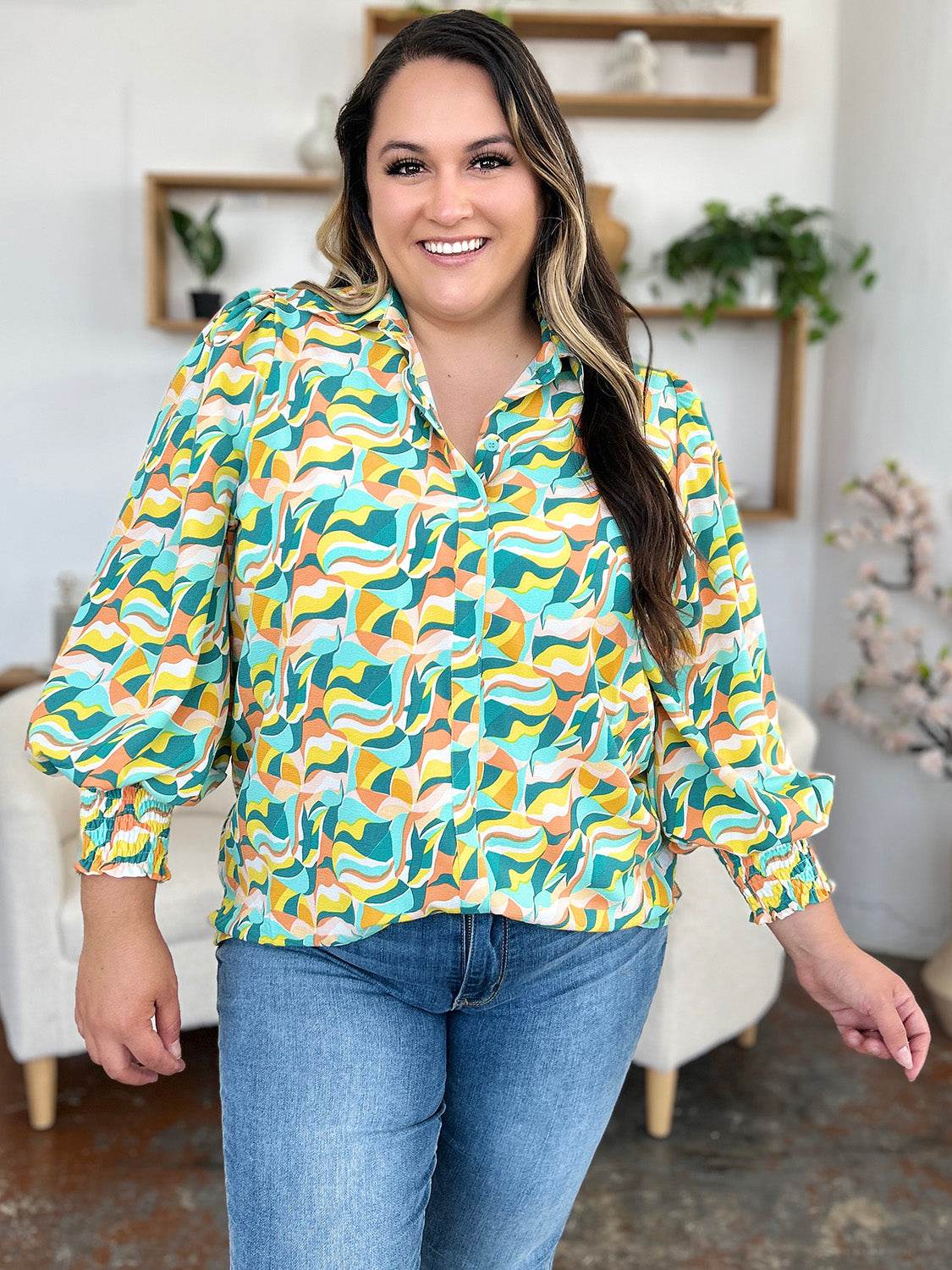 Double Take Full Size Printed Smocked Long Sleeve Blouse - Hovatok