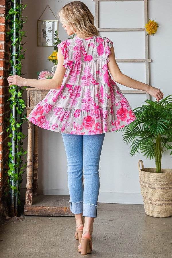 Heimish Full Size Butterfly Sleeve Round Neck Floral Tiered Top Plus Size - Hovatok