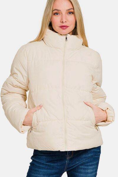 Zenana Zip Up Turtleneck Puffer Jacket with Pockets - Hovatok