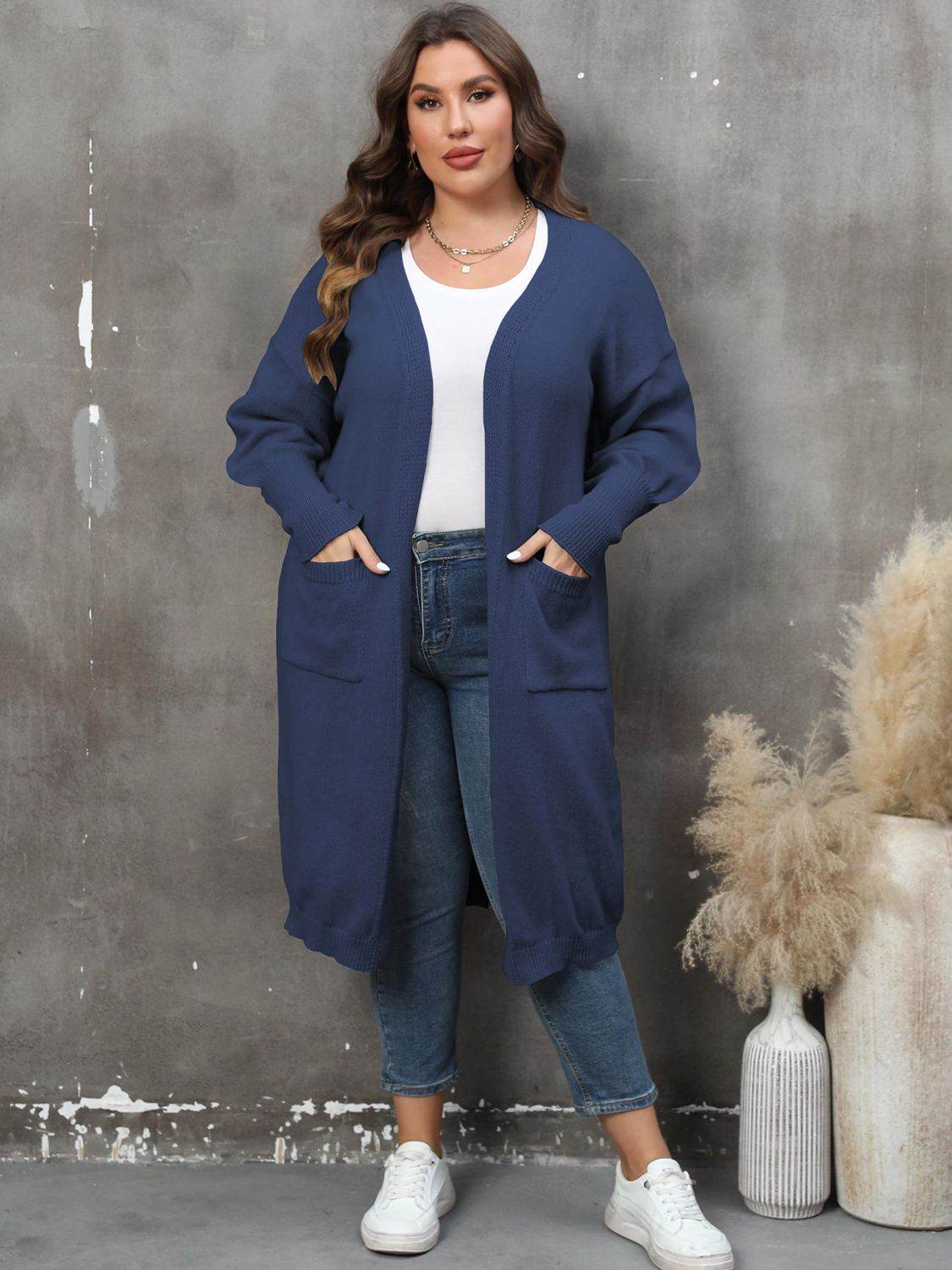 Plus Size Long Sleeve Pocketed Cardigan - Hovatok