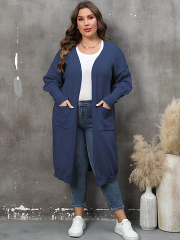 Plus Size Long Sleeve Pocketed Cardigan - Hovatok