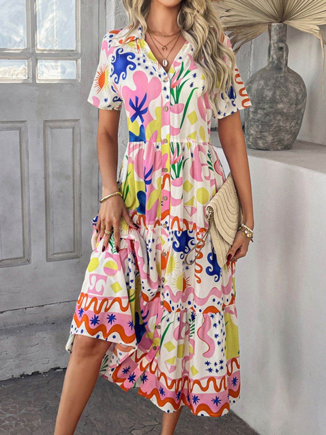 Devine Printed Johnny Collar Button Down Short Sleeve Midi Shirt Dress - Hovatok
